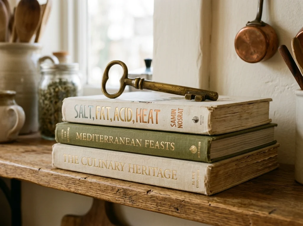 6. Cozy Cookbook Stack with a Brass Weight