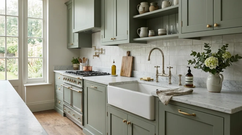 6. Matte Sage Shaker Cabinets with Honed White Marble