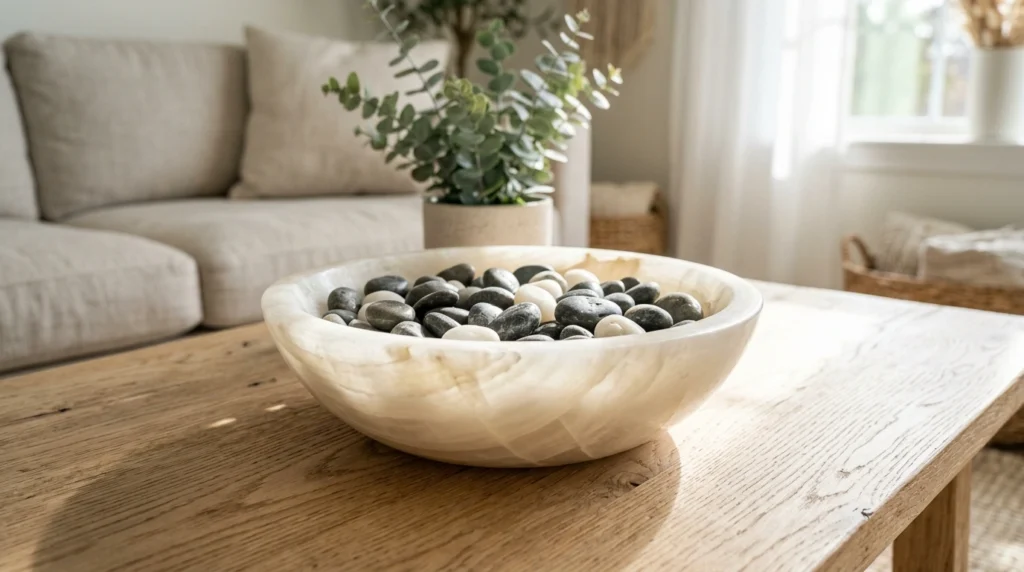 7. The Organic Alabaster Bowl with Tumbled River Stones