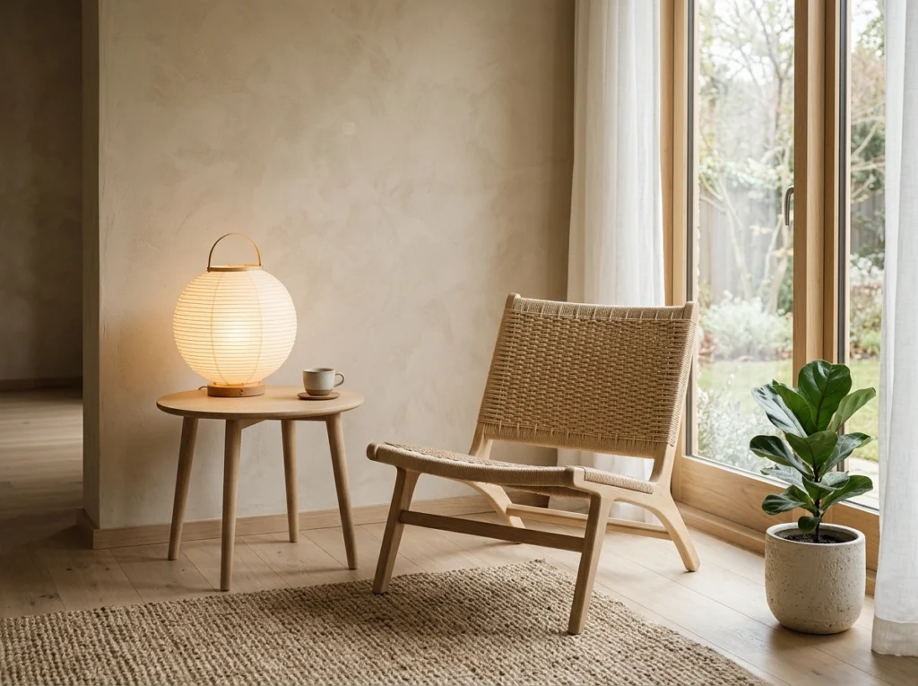 7. The Minimalist Japandi Low-Profile Lounge Chair & Oak Table