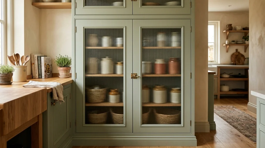 7. Muted Sage Green Pantry with Reeded Glass Doors