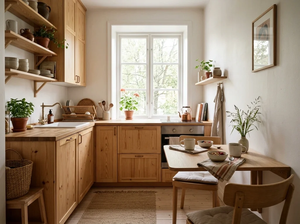 7. The Compact L-Shape with a Wall-Mounted Drop-Leaf Table