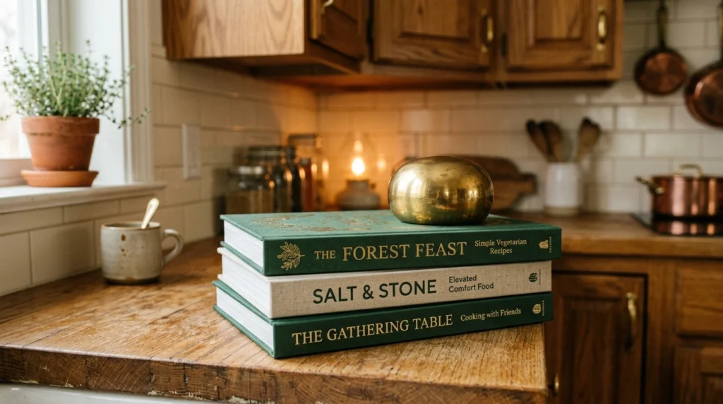 7. The Stacked Cookbooks with a Brass Weight