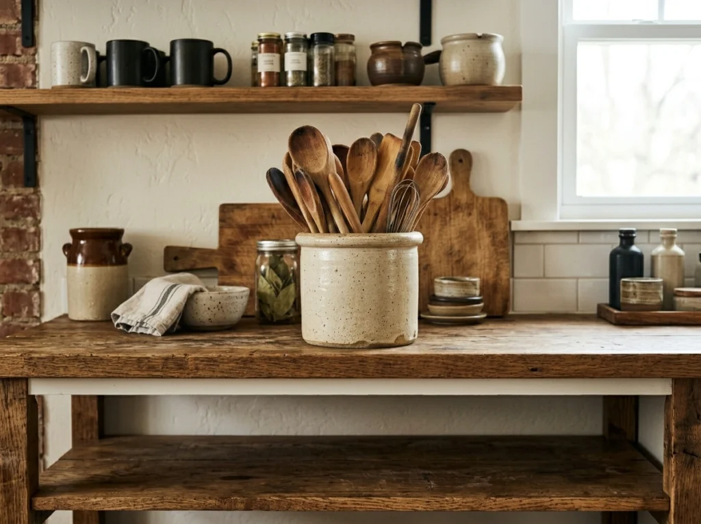 7. Textured Cream Stone Crocks for Utensils