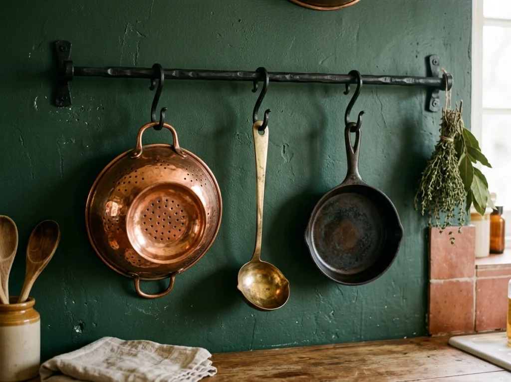 7. Hanging Copper Pots and Brass Utensils
