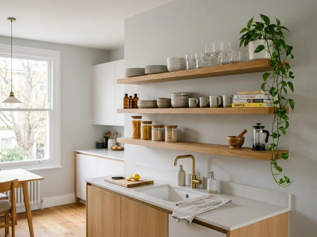 7. Open Floating Shelves to Replace Heavy Cabinets