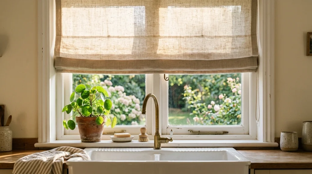 7. Soft Linen Window Treatments and Roman Shades