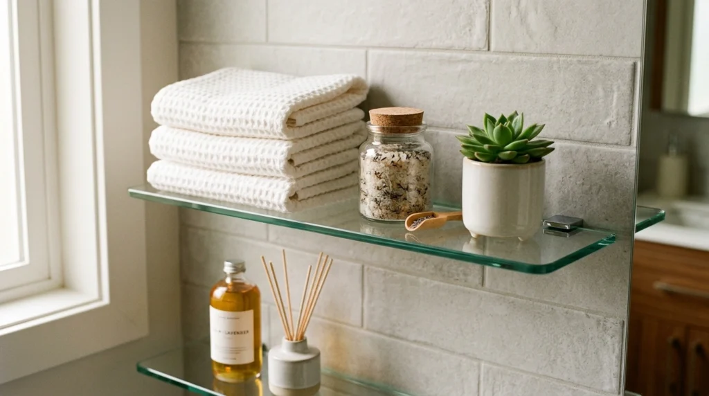 7. Floating Glass Shelving to Preserve Visual Flow
