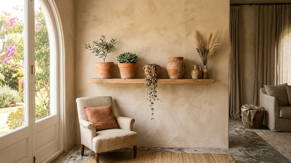 8. Plaster-Effect Walls & Clay Accents