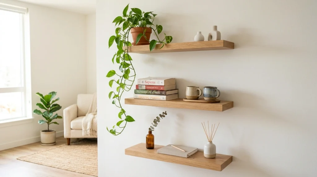 8. Floating Vertical Wooden Shelves