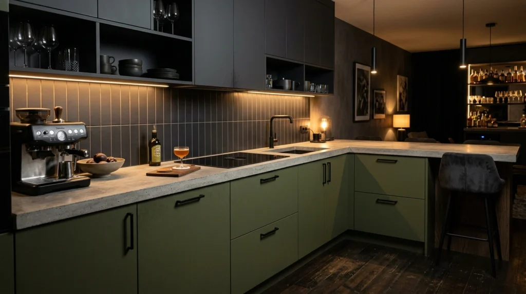 8. Moody Olive and Charcoal Two-Tone Kitchen