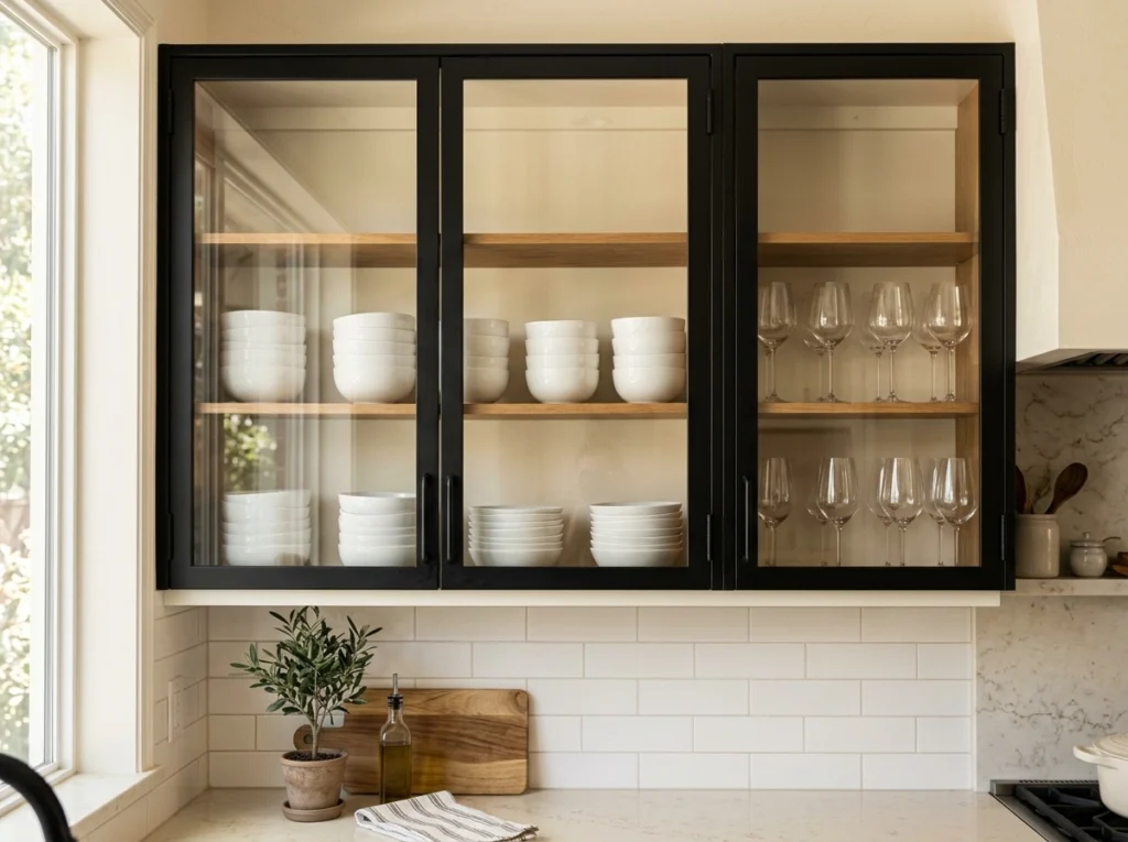 8. Steel-Framed Glass Cabinet Doors with White Interiors