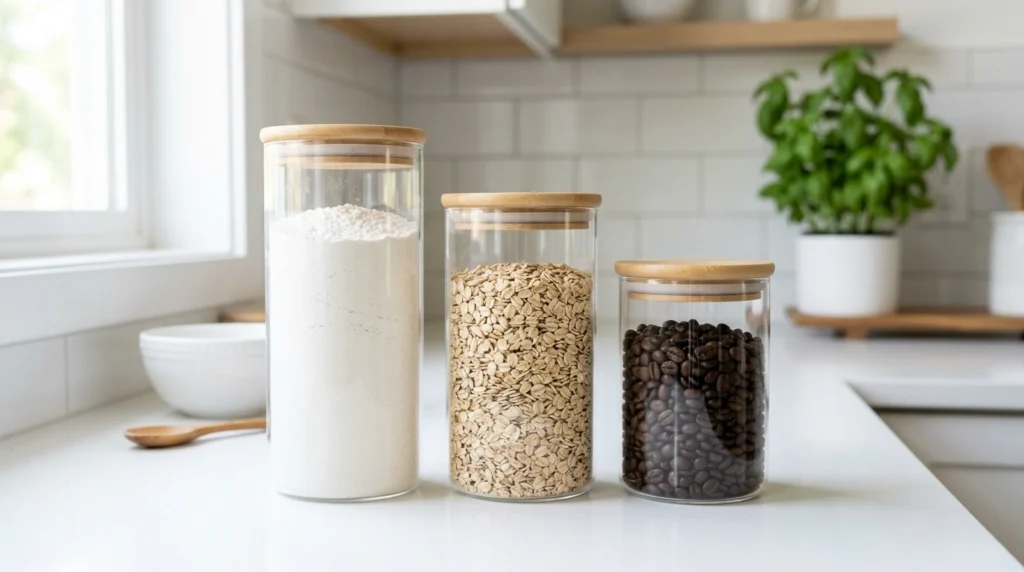 8. The Glass Canisters with Wooden Lids for Dry Goods