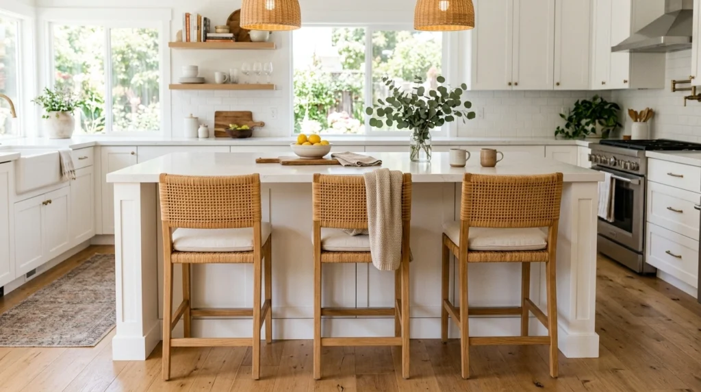 8. Warm Woven Rattan or Cane Counter Stools