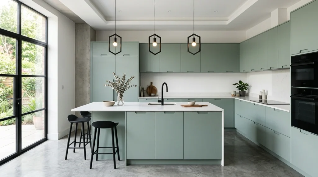 8. Contemporary Flat-Panel Sage Cabinets with Matte Black Accents