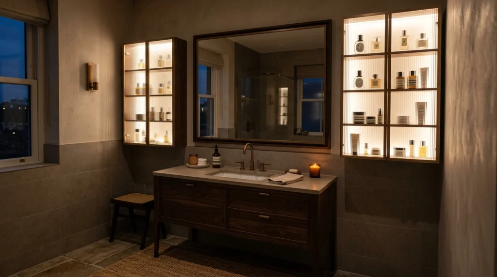8. Backlit Glass Cabinets for a Warm Ambient Glow