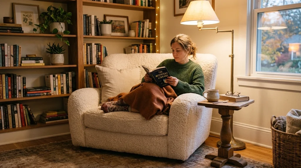 9. A Dedicated Reading Nook with an Oversized Sherpa Chair