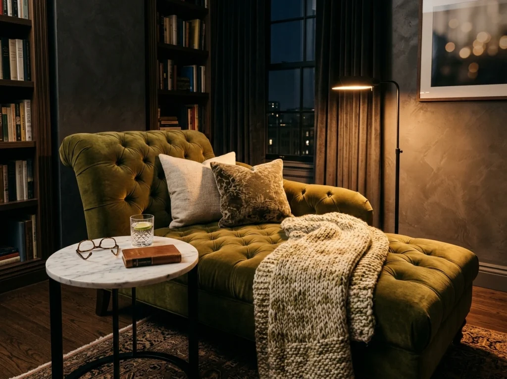 9. The Velvet Tufted Chaise Lounge with Mood Lighting
