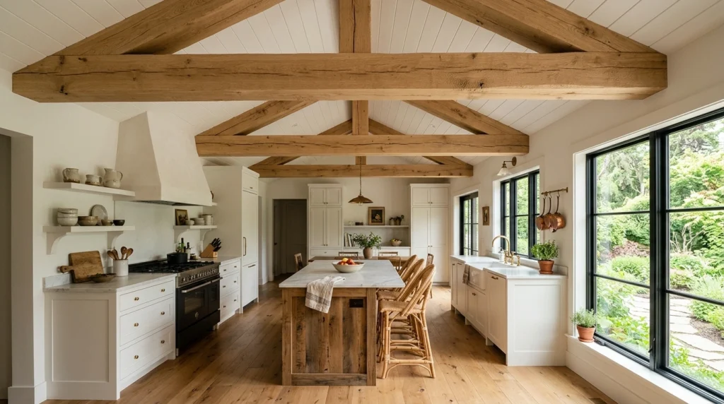 Exposed Ceiling Beams Left in Natural Light Oak