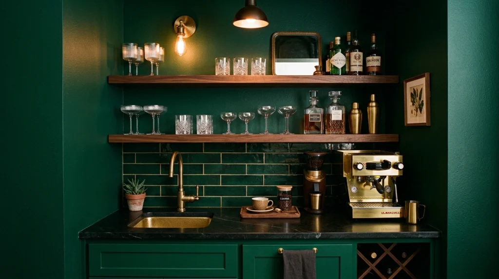 9. Emerald Green Wet Bar with Rich Walnut Details
