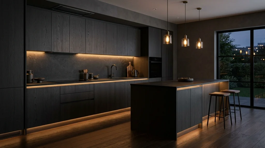 9. The Charcoal, Wood, and Warm LED Glow Layout