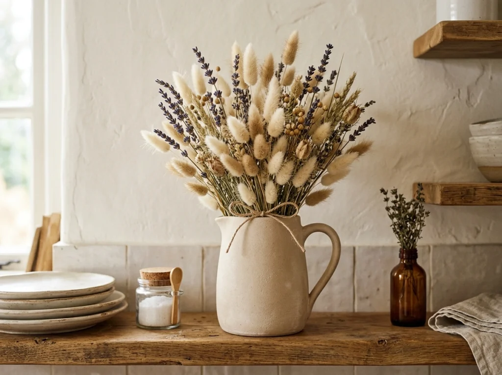 9. Matte Ceramic Pitcher with Muted Dried Florals