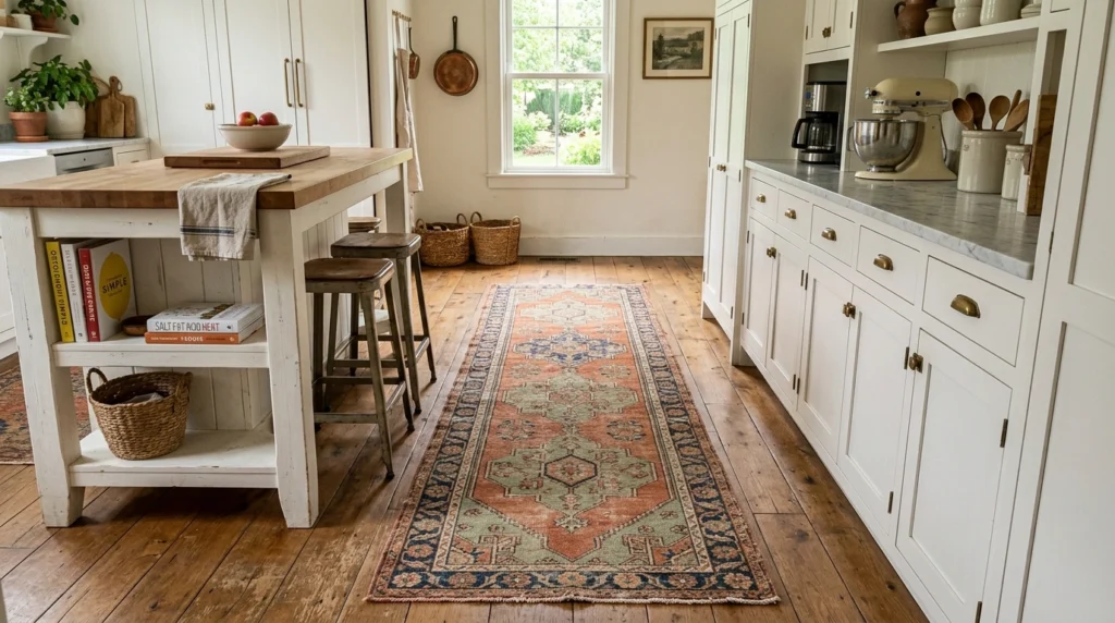 9. Antique Rugs or Vintage Runners to Soften Tiled Floors