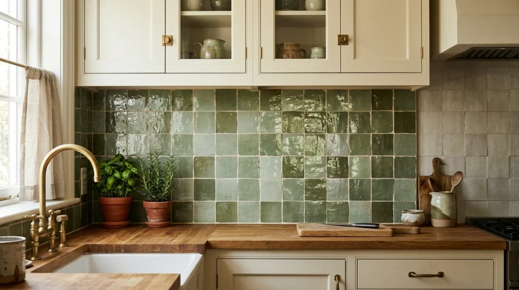 9. Zellige Tile Backsplash in Glossy Sage Green Variations