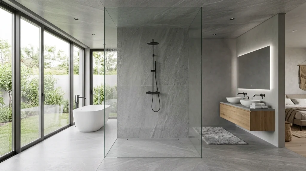 9. Floor-to-Ceiling Glass Splash Panels