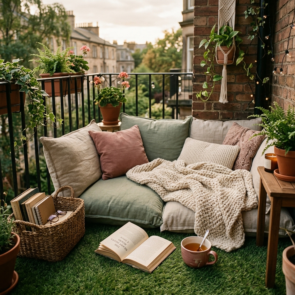 A Cozy Reading Nook on Your Artificial Grass Balcony