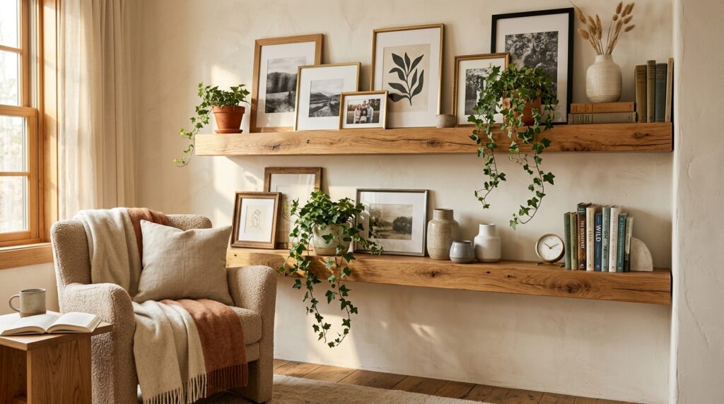 Floating Shelves with Leaning Layered Art