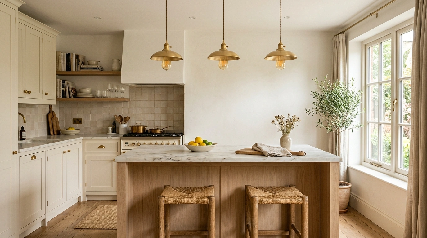 Featured Image 00: Prompt: A professional interior design photograph of a warm, bright white kitchen, featuring creamy cabinets, a light white oak kitchen island with a clean countertop, soft golden pendant lights hanging above, warm unlacquered brass hardware, and a soft beige-toned tiled backsplash. A large copy-space area is naturally framed in the center of the image. Soft natural light streaming from a side window, cozy lived-in feel, photorealistic, 35mm lens, warm color temperature, cozy morning atmosphere. Main Content Prompts 01: Prompt: A close-up shot of creamy white kitchen cabinets painted in Alabaster, featuring elegant natural white oak wood open shelves and a matching white oak range hood. Styling details include wooden cutting boards resting against the warm off-white backsplash. Soft natural morning light, realistic, warm interior photography, 35mm camera. 02: Prompt: A beautiful modern kitchen backsplash made of honed golden Calacatta marble slab with delicate grey and gold veins. A matte black stove is in the foreground, and soft warm under-cabinet lighting highlights the velvety, non-reflective texture of the honed stone. Realistic home interior style. 03: Prompt: Detailed macro photograph of a creamy shaker-style cabinet door with an unlacquered brass drawer pull showing a beautiful dark aged patina. Golden-hour light hitting the metal, soft background focus, cozy high-end kitchen atmosphere, realistic textures. 04: Prompt: Stylized styling shot of open floating white oak shelves against a warm off-white wall. Neatly arranged hand-thrown terracotta mugs, cream-colored ceramic speckled bowls, and small green herbs in clay pots. Soft ambient natural light, cozy cottage interior, 35mm photography. 05: Prompt: A beautiful textured white Zellige tile backsplash catching bright afternoon sunlight, showcasing slight color variations from ivory to pale cream and wavy handmade textures. Soft grey grout lines, a portion of a clean white countertop in view with a small olive branch in a vase. Modern organic interior. 06: Prompt: A high-ceilinged bright white kitchen with thick, rustic reclaimed dark wood beams running across the ceiling. Warm white cabinetry below with brass accents, airy open space filled with bright natural sunlight, cozy farmhouse design, realistic and photorealistic. 07: Prompt: A kitchen sink window dressed in a beautiful soft oatmeal-colored organic linen Roman shade. Gentle warm sun filtering through the flax fabric, throwing soft light over a white farmhouse sink and a small potted plant on the sill. Cozy, quiet afternoon mood. 08: Prompt: A bright white kitchen island flanked by three warm woven rattan counter stools with comfortable, clean-lined frames. The natural tan fibers of the rattan contrast beautifully with the white wood island base. Warm, social-media friendly cozy home vibe. 09: Prompt: A long, vintage Turkish runner rug with rich faded terracotta, soft sage green, and navy blue patterns lying in a walkway between a white kitchen island and white cabinets. Soft morning light, cozy home atmosphere, lived-in aesthetic. 10: Prompt: A modern elegant white kitchen showcasing mixed metals, featuring warm unlacquered brass handles on cabinets and a sleek matte black goose-neck faucet over a white sink. Balanced metallic contrast, clean professional interior photography. 11: Prompt: Warm under-cabinet LED strip lighting glowing with a cozy 2700K yellow-gold temperature over clean white kitchen countertops. The ambient evening light creates a highly warm, cozy, and luxurious atmosphere, realistic cozy night kitchen. 12: Prompt: Interior design shot of a layered kitchen in soft shades of cream and off-white. Warm cream cabinets stand out subtly against a slightly brighter ivory painted wall, creating gentle depth and soft shadows. High-end, relaxing minimalist design. 13: Prompt: Vertical beadboard wooden paneling painted in a soft satin warm cream finish, cladding the back of a cozy white kitchen island. Warm oak stools stand nearby, showcasing beautiful linear shadows and rich cottage-like architectural details. 14: Prompt: A bright sunny kitchen window sill lined with small unglazed terracotta pots containing fresh green basil, rosemary, and thyme. A beautiful trailing pothos plant cascading gently from a nearby open cabinet, organic and full of life, realistic. 15: Prompt: A seamless, cozy kitchen interior featuring integrated panel-ready refrigerator and dishwasher matching the surrounding warm off-white cabinetry and brass hardware perfectly. Calming, clean lines, professional home decor photography. 16: Prompt: A beautiful contrasting kitchen island painted in a soft, muted sage green with a thick white quartz countertop, surrounded by warm white cabinetry in the background. Highly elegant, cozy, and balanced interior styling, warm light. 17: Prompt: An elegant white kitchen featuring a beautiful arched plaster doorway leading into a pantry, with soft rounded curves on the edges of a white marble kitchen island. Gentle, relaxing, artistic interior architecture, warm natural light. 18: Prompt: A close-up shot of a rich, oiled walnut butcher block countertop on a dedicated baking station in a bright white kitchen. A rolling pin and a light dusting of flour are on the warm wood surface. Warm, nostalgic, practical home cooking scene. 19: Prompt: A pair of beautiful textured rattan pendant lights hanging over a kitchen island, casting a soft, warm filtered light glow downwards. Warm white kitchen cabinets in the background, cozy and modern Pinterest-style interior design. 20: Prompt: A cozy kitchen accent wall made of thin brick veneers painted in a distressed, distressed warm white lime wash, showing rich, rough-hewn brick textures and historic charm. An antique wood shelf is mounted on the wall with simple ceramics.