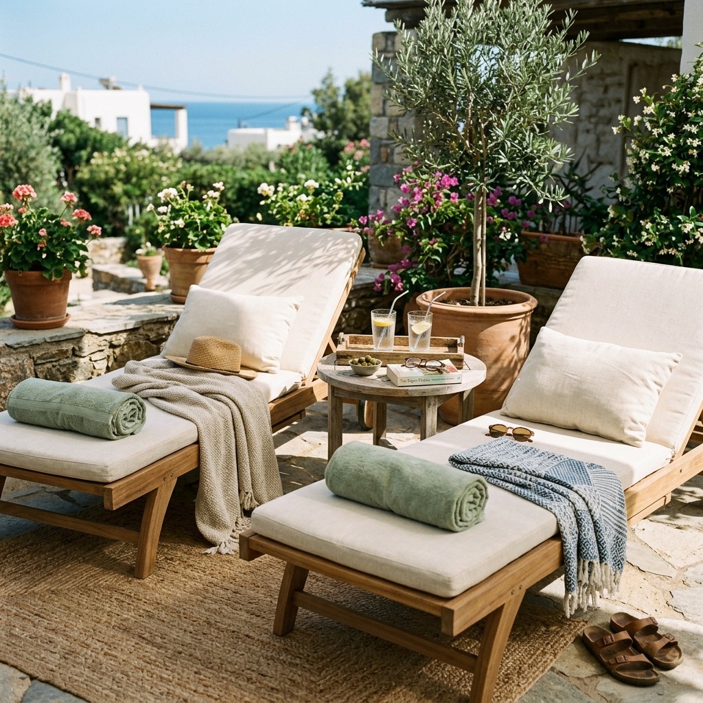 Layered Sun Loungers With a Shared Table