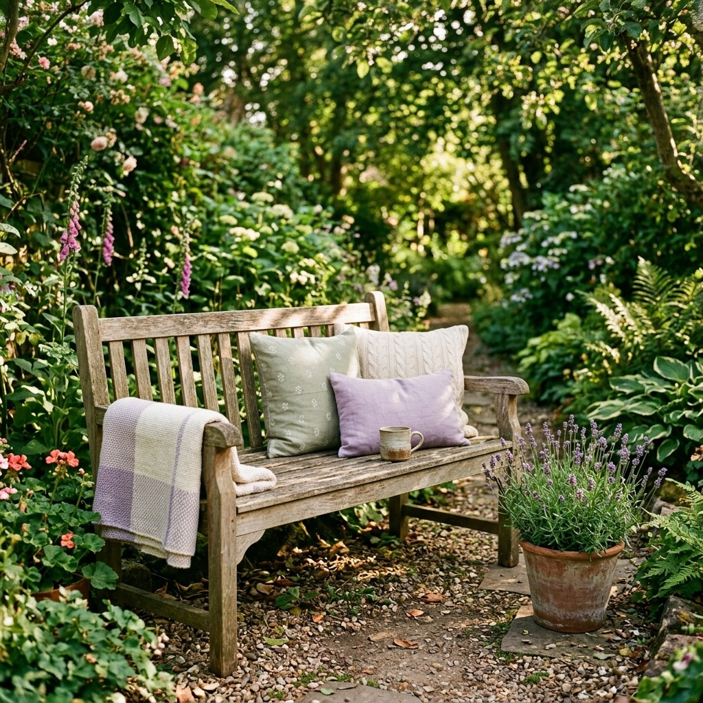A Teak Bench Dressed With Pillows