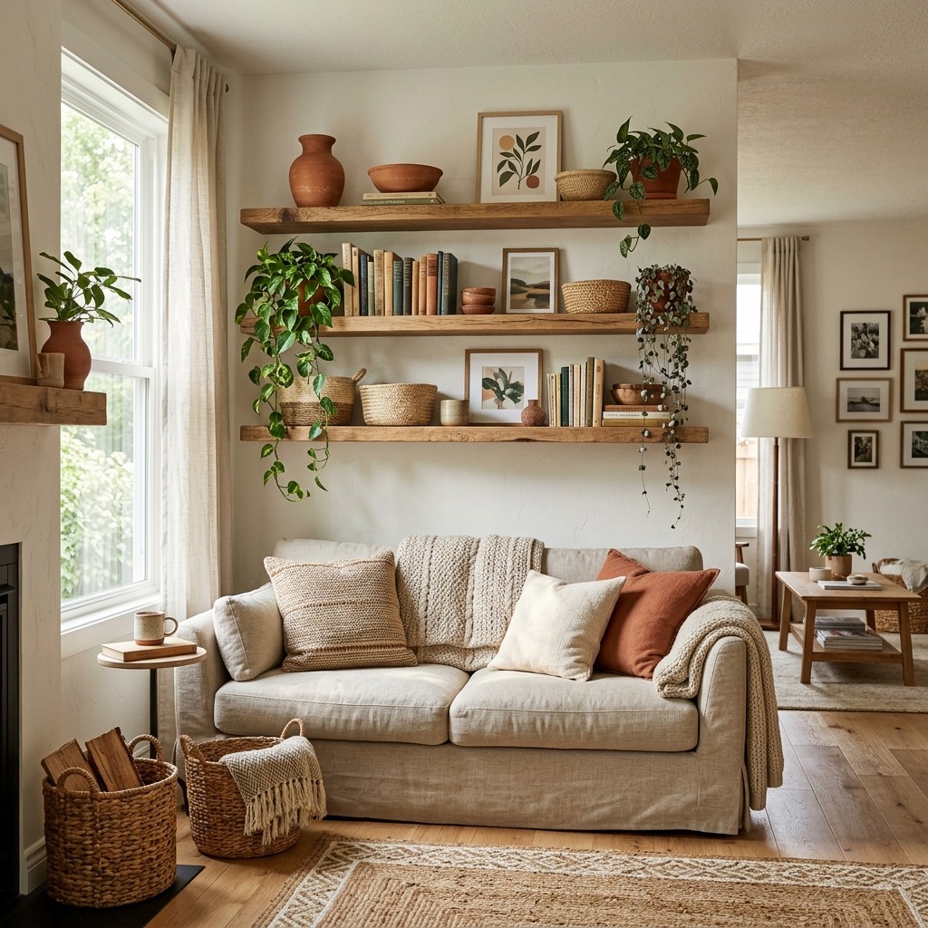 Open Wooden Shelves Styled with Intention