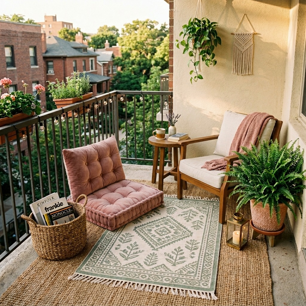 Layered Outdoor Rugs Over Plain Concrete