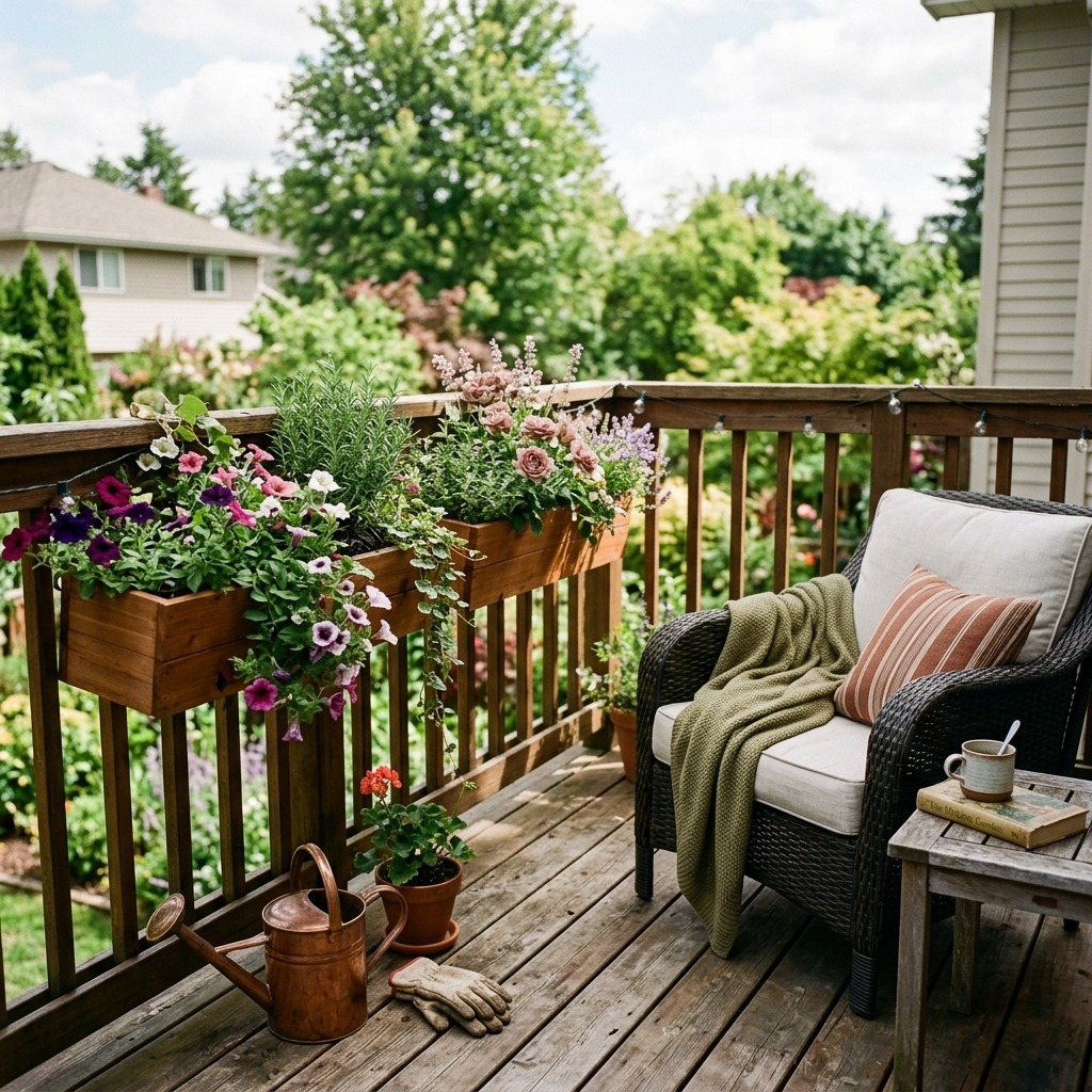 Wooden Planter Boxes Along the Railing