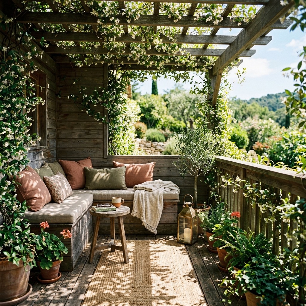 Overhead Wooden Slats With Climbing Greenery