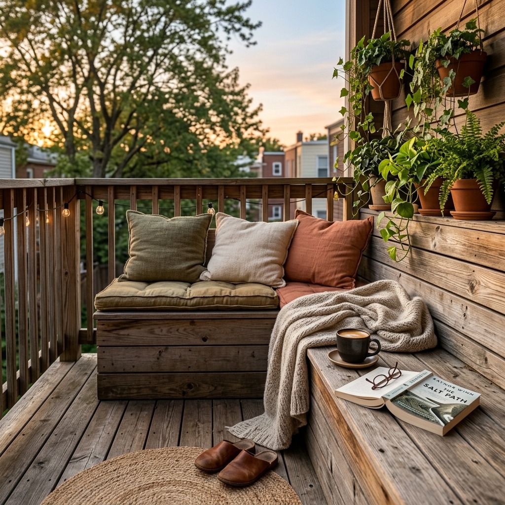 A Built-In Wooden Bench With Soft Cushions