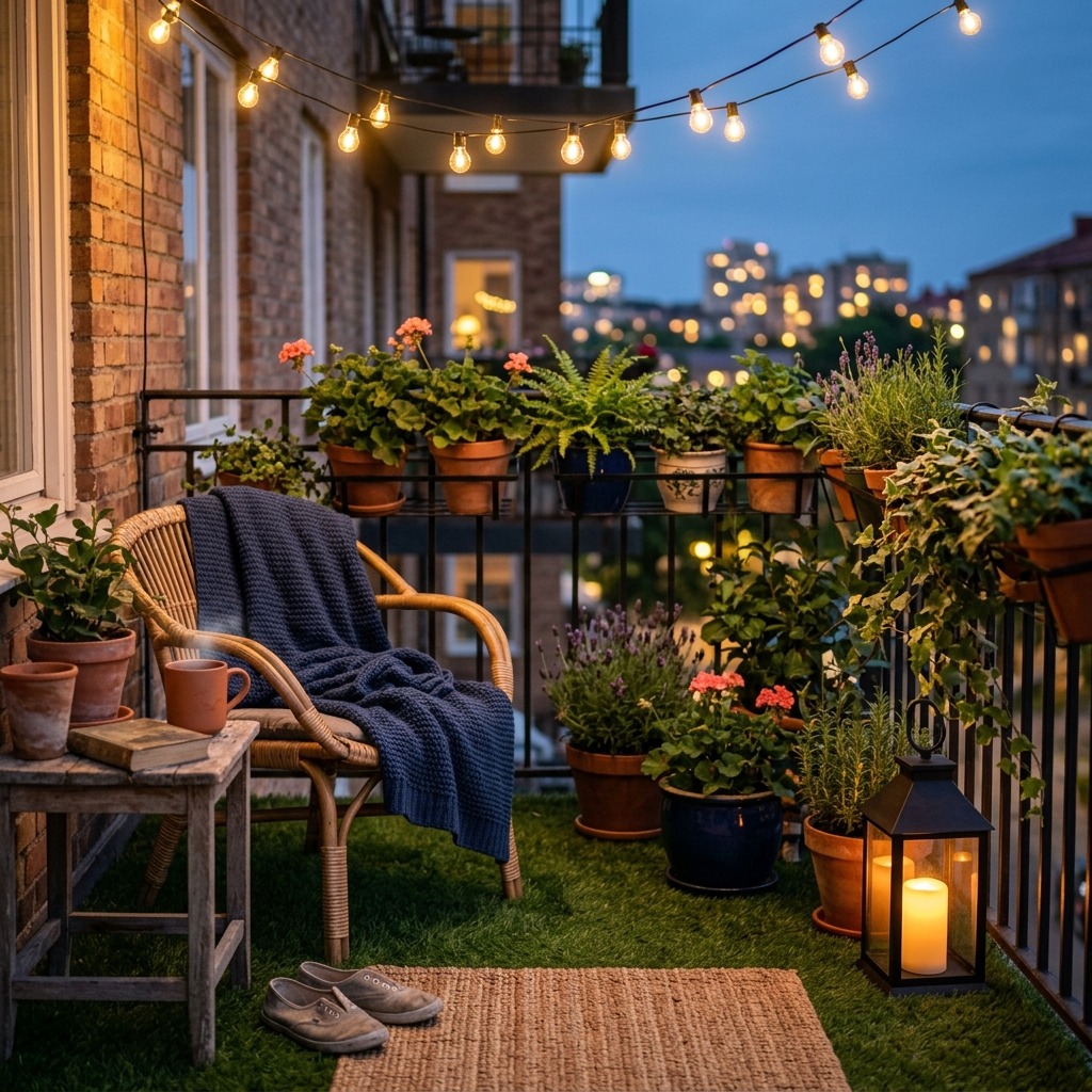 String Lights Over Grass for a Magical Evening Balcony