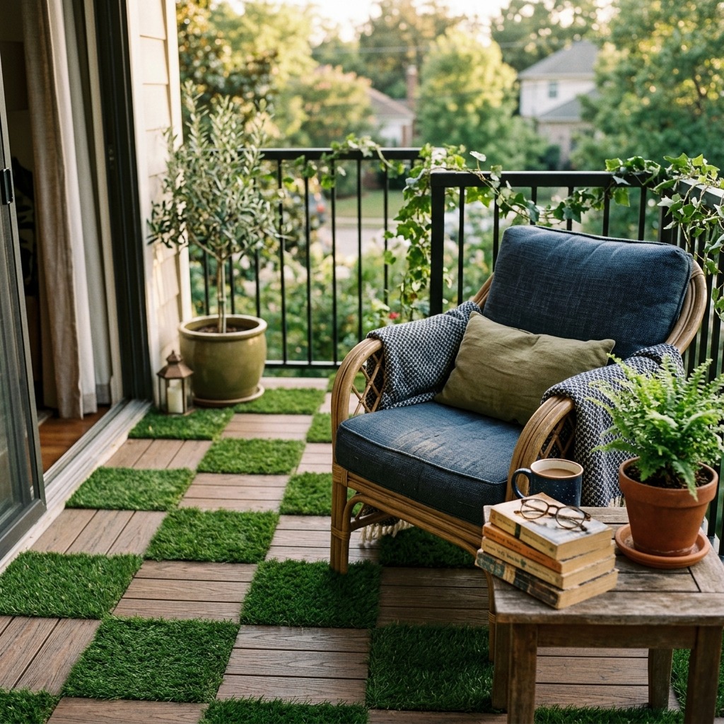 Grass-and-Wood Tile Combo for an Artificial Grass Balcony With Pattern