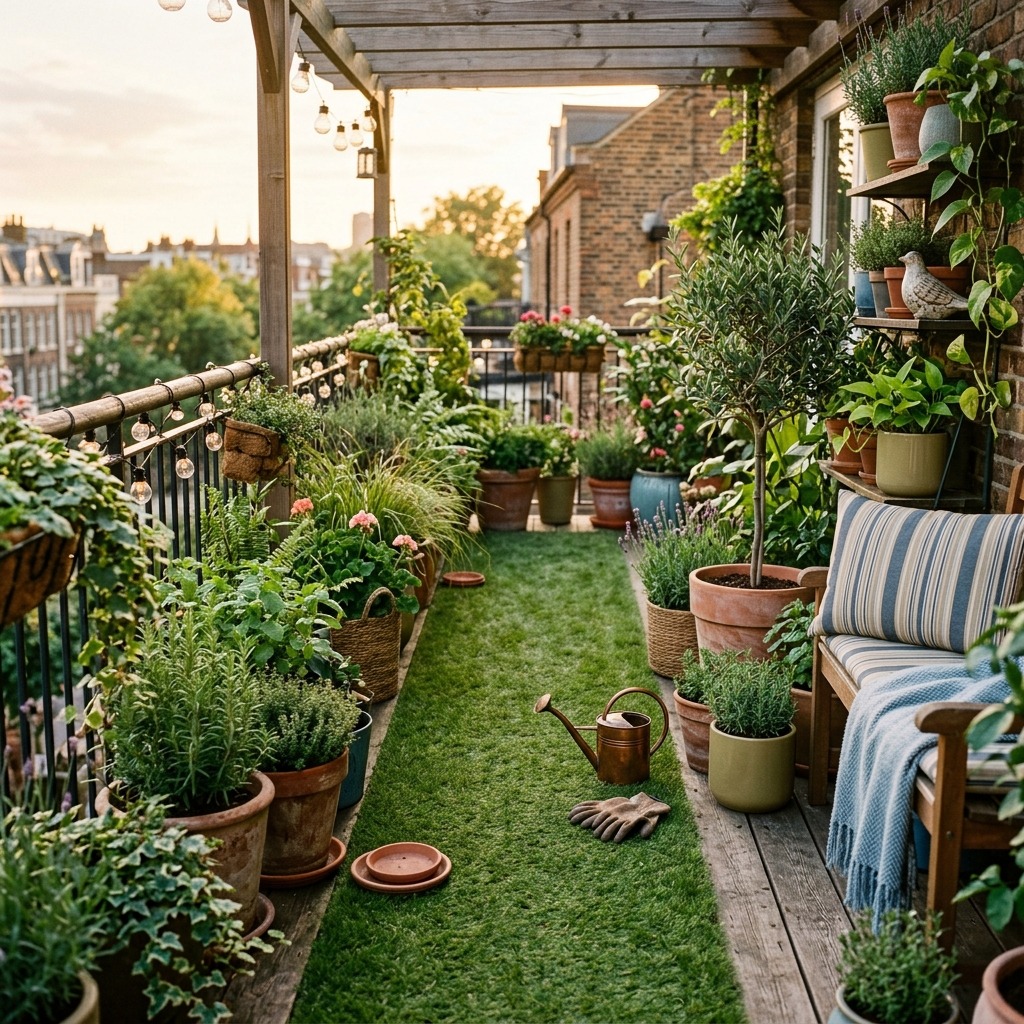 A Grass Pathway Lined With Potted Greenery