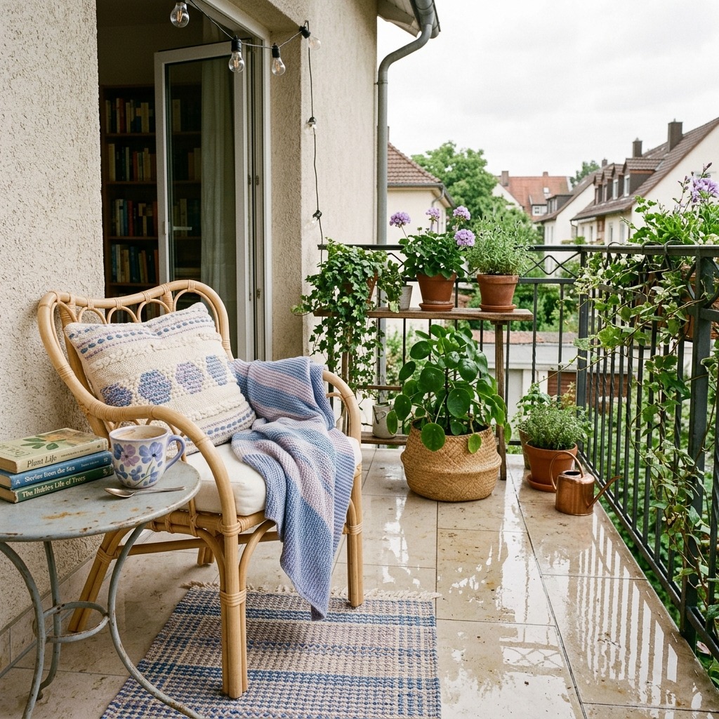 Glossy Light Tiles to Brighten a Small Balcony