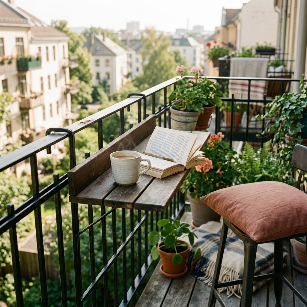 A Fold-Down Railing Ledge for Slow Mornings