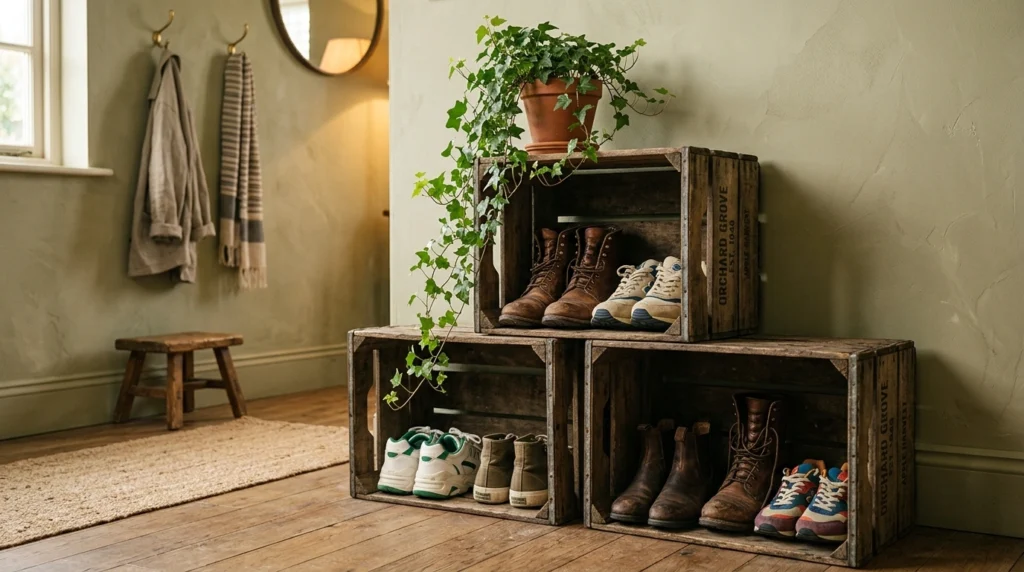 10. Vintage Wooden Crates Stacked Asymmetrical