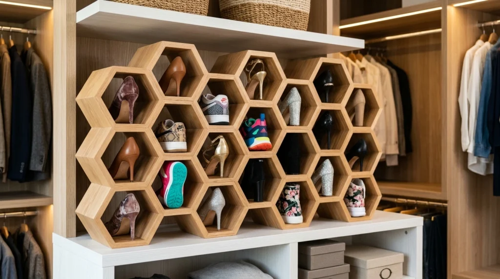 10. Hexagonal Cardboard or PVC Pipe Shoe Cubbies