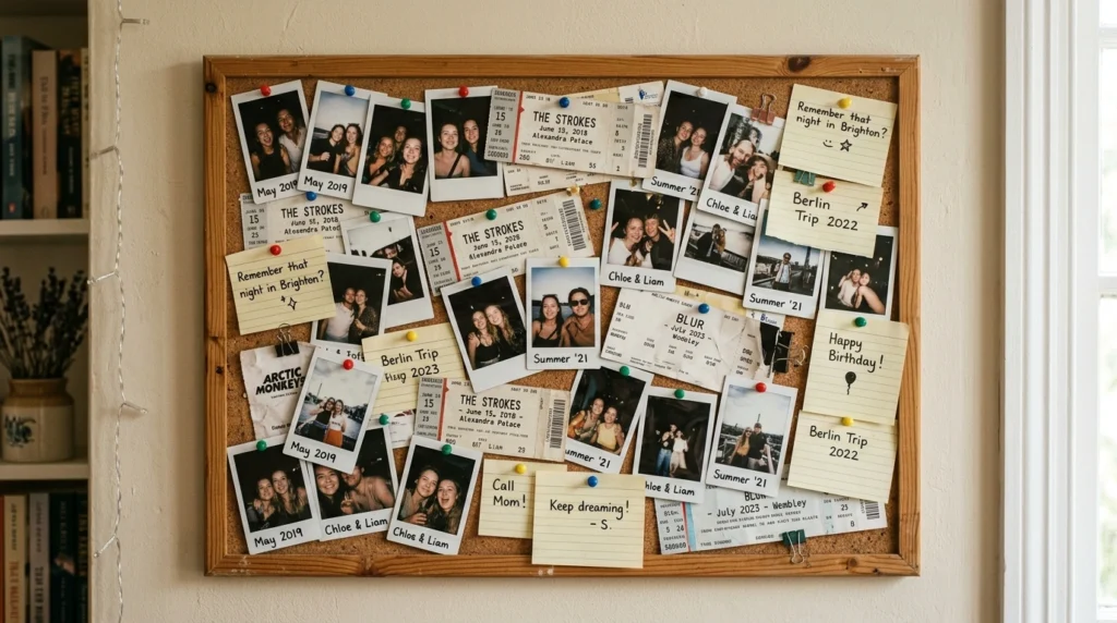 10. The Polaroid and Ticket Stub Corkboard