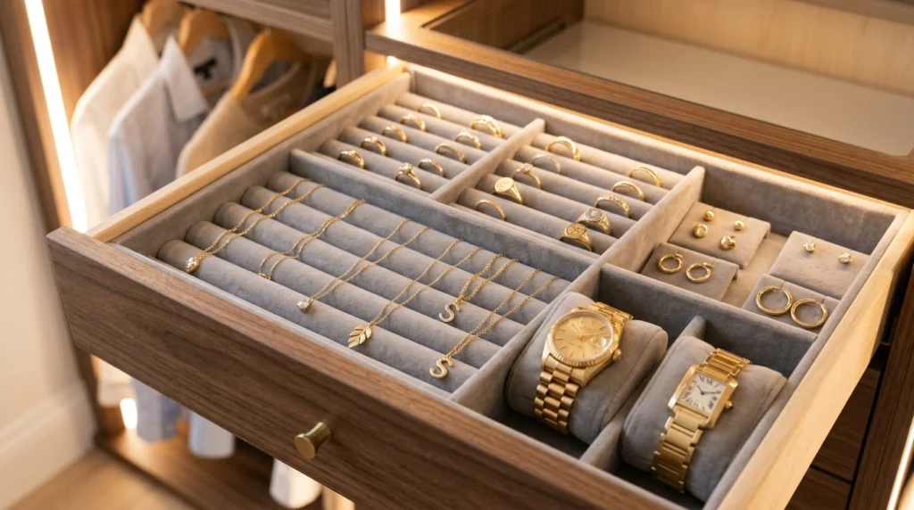 11. Pull-Out Jewelry Drawers with Felt Dividers