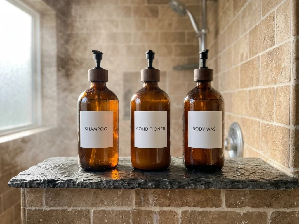 11. Matching Amber Glass Bottles with Waterproof Labels