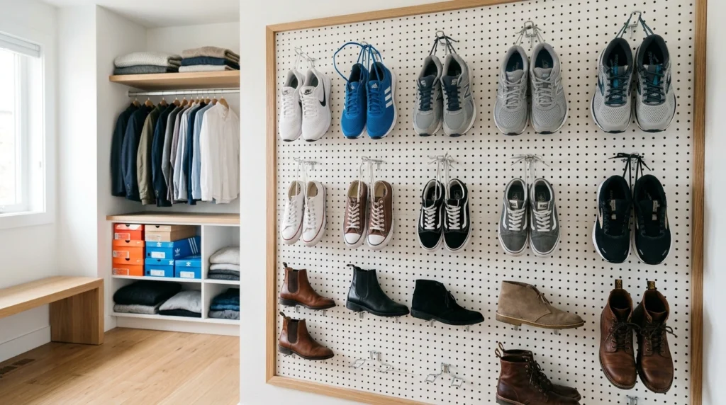 11. Pegboard Wall with Adjustable Wire Hooks